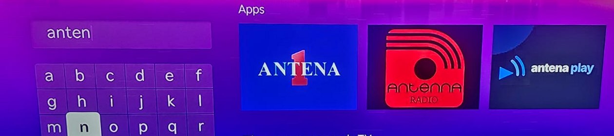 A busca da Roku com “anten” digitado: o Antena Play aparece na fileira Apps, ao lado de outros nomes parecidos.