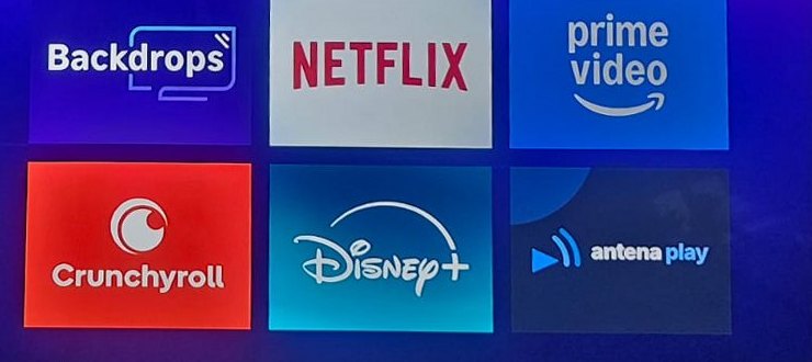 A tela inicial da Roku: o Antena Play na grade de apps, junto de Netflix, Disney+ e Crunchyroll.
